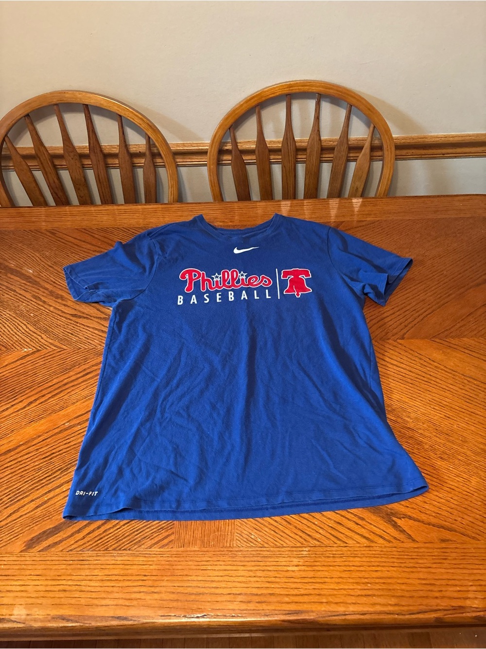 Nike Phillies Baseball Shirt Mens XL Blue Dri Fit Athletic Cut Liberty Bell MLB